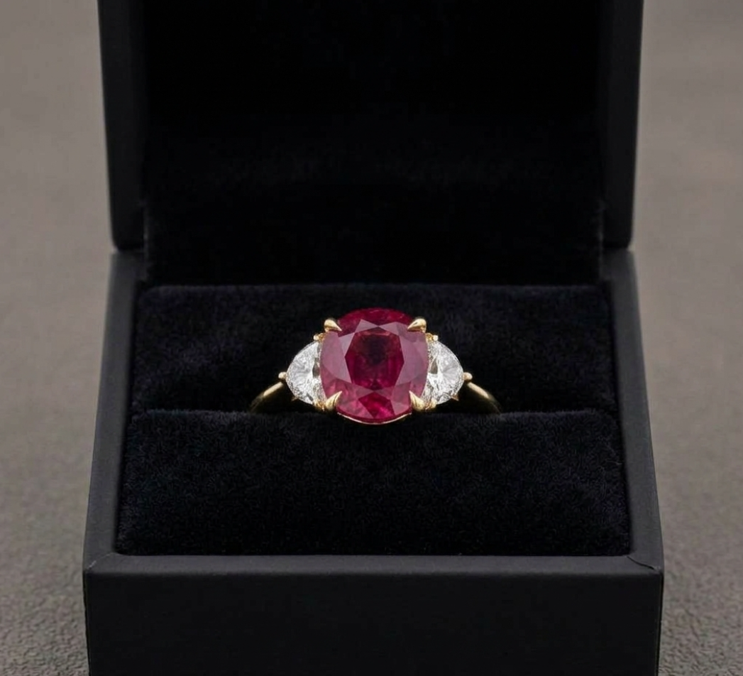 GIA-Certified 3.13ctw Cushion Cut Thailand Ruby and 0.68ctw Half Moon Diamond Three-Stone Ring