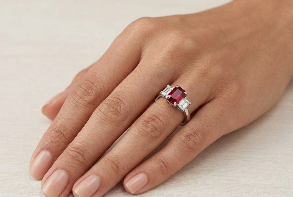 1.52ctw Emerald Cut Burma Ruby and 0.82ctw Diamond Three-Stone Ring in Platinum (AGL Certified)