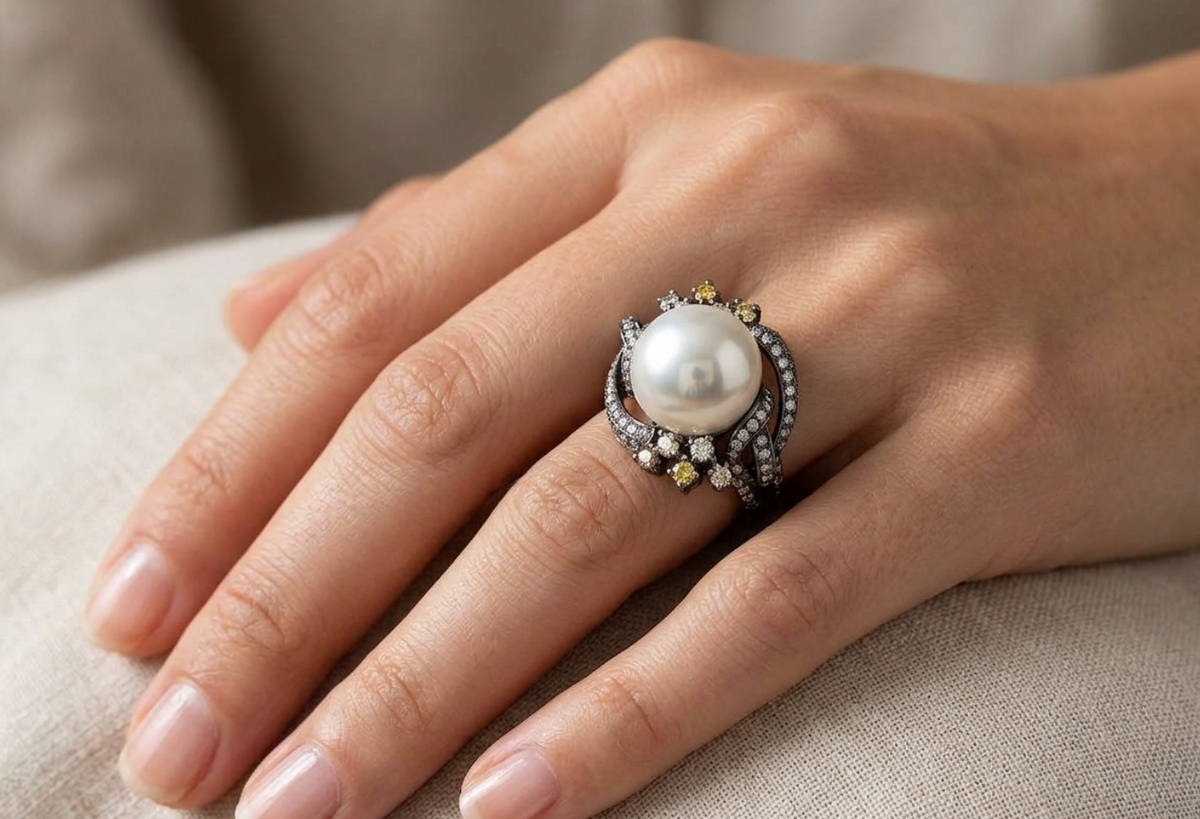 12.50mm South Sea Cultured Pearl Ring featuring White and Fancy Yellow Diamonds