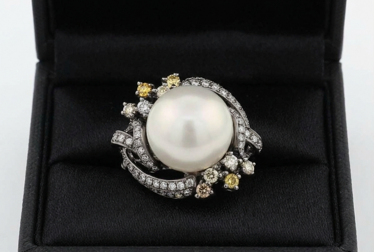 12.50mm South Sea Cultured Pearl Ring featuring White and Fancy Yellow Diamonds