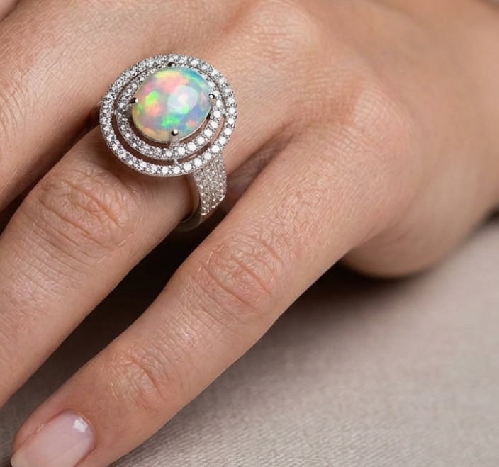 2.07ctw Oval Opal Cabochon and Diamond Double Halo Split Shank Ring