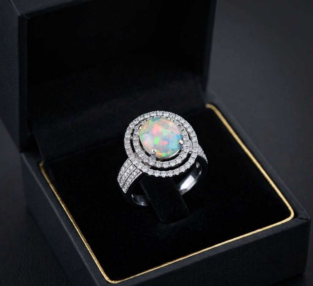 2.07ctw Oval Opal Cabochon and Diamond Double Halo Split Shank Ring
