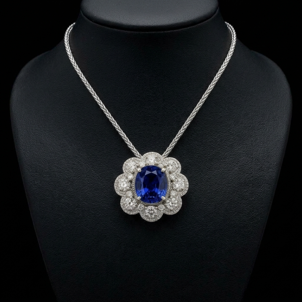 4.40ctw Oval Tanzanite and Diamond Halo Pendant Necklace