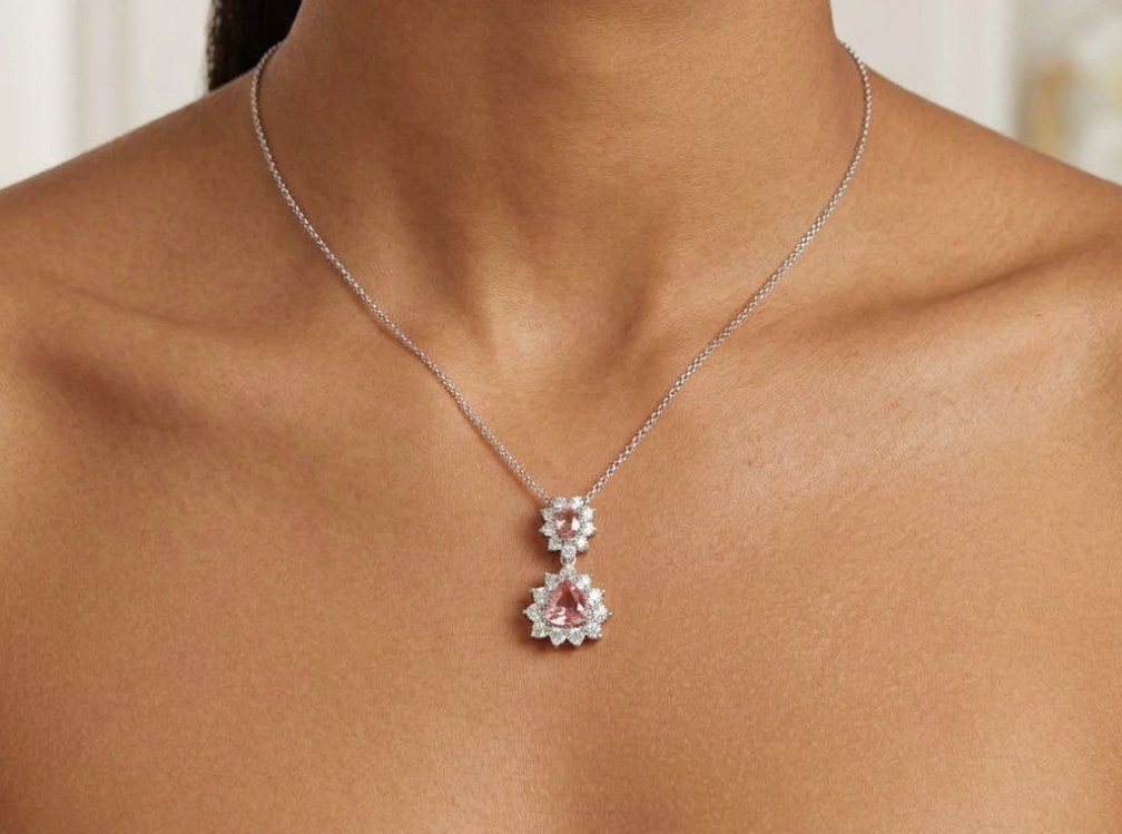 0.87 Ct. Padparadscha Sapphire and Natural Diamond Pave Pendant