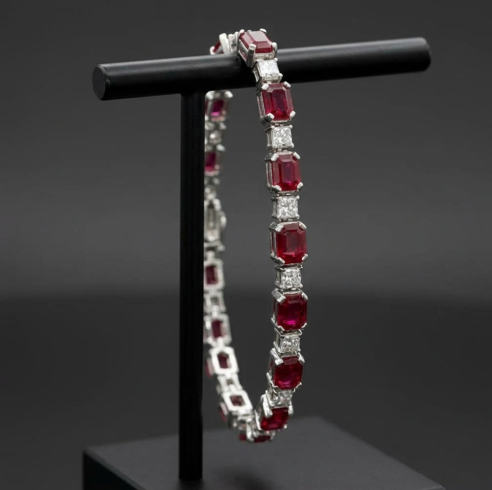 9.85ctw Emerald-Cut Ruby & Diamond Alternating Tennis Bracelet