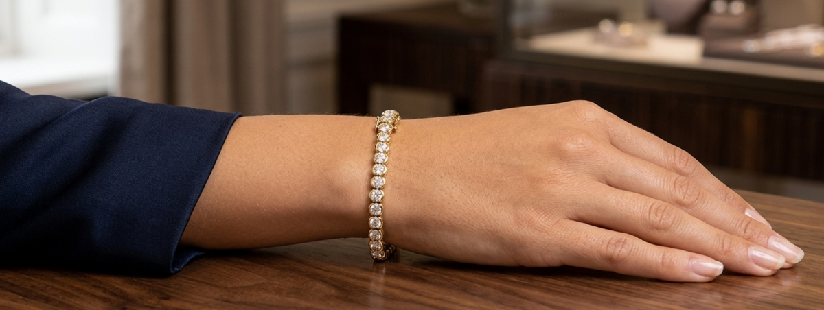 5.98 Carat Total Weight Round Diamond C-Link Tennis Bracelet in 18K Yellow Gold, detail