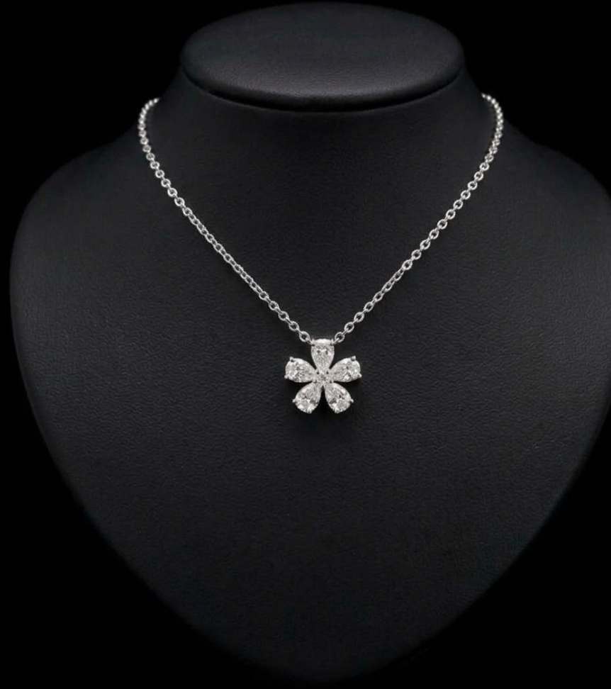 0.96ctw Pear Diamond Flower Pendant Necklace