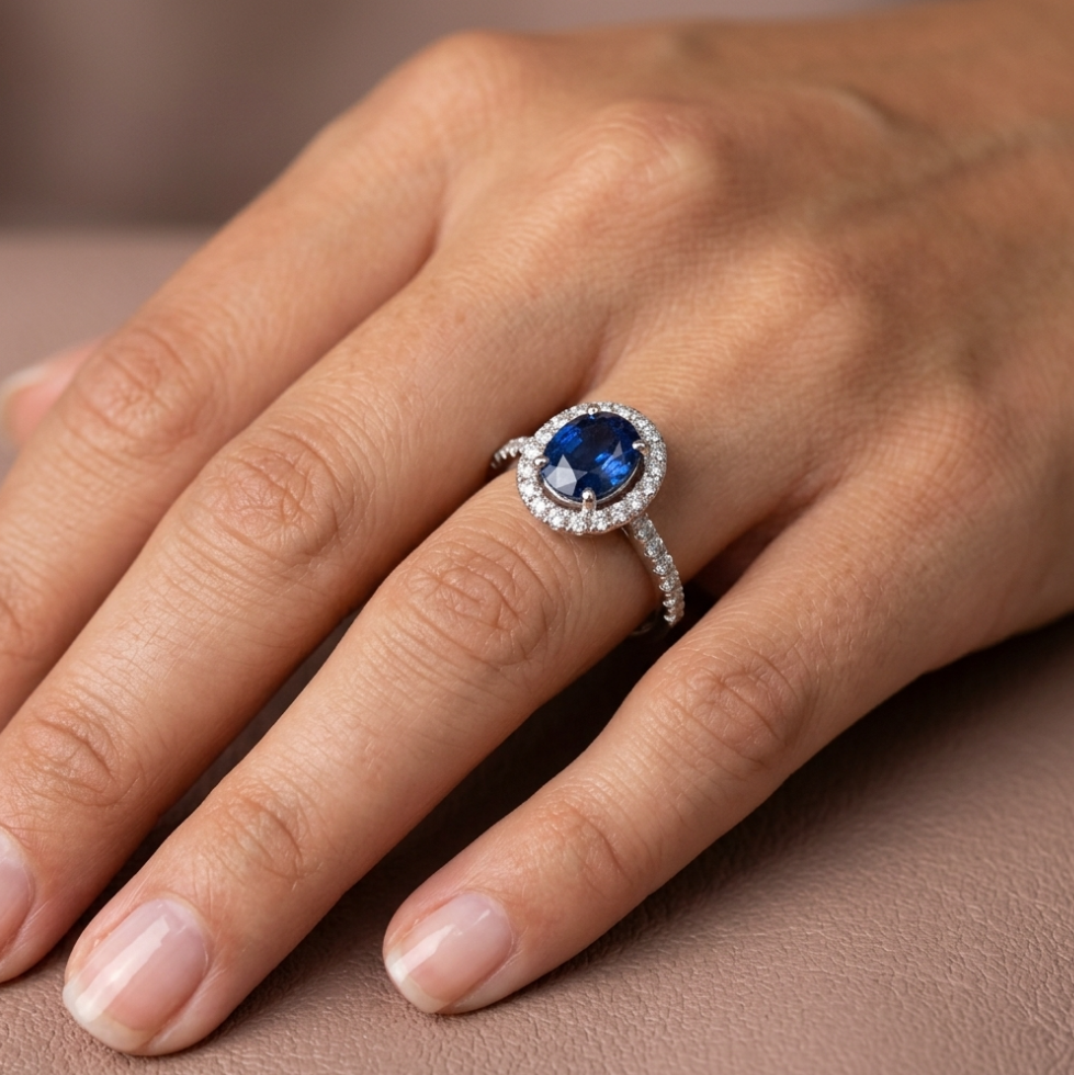 2.83 Carat Total Weight Oval Blue Sapphire and Diamond Halo Ring in 18K White Gold, detail