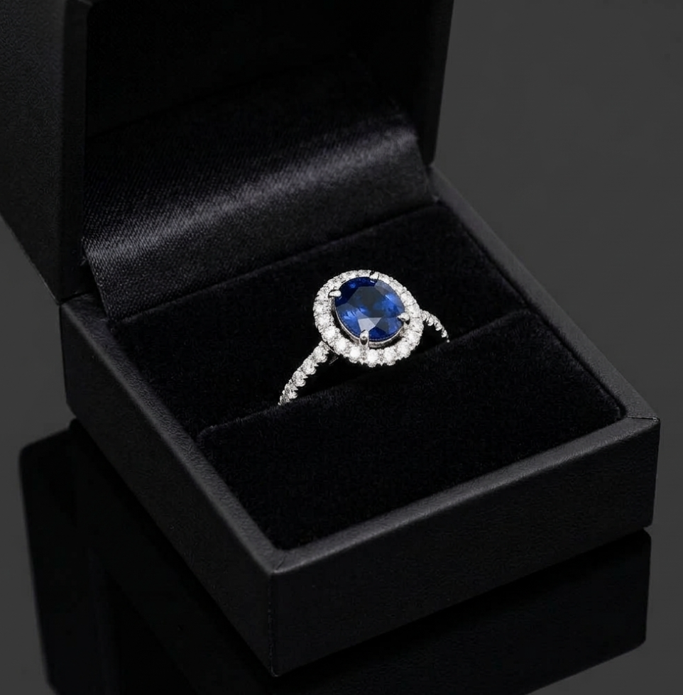 2.83 Carat Total Weight Oval Blue Sapphire and Diamond Halo Ring in 18K White Gold, detail