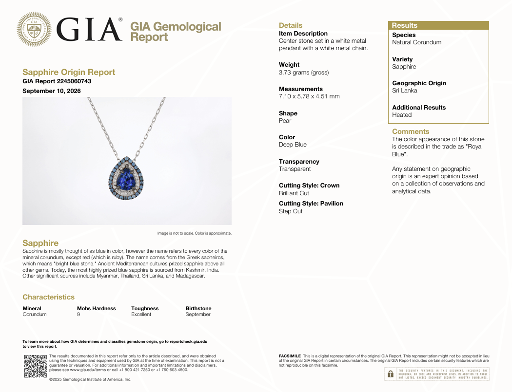 1.38 Ct. Royal Blue Ceylon Sapphire Pear Double Halo Pendant with Diamonds, 18K White Gold