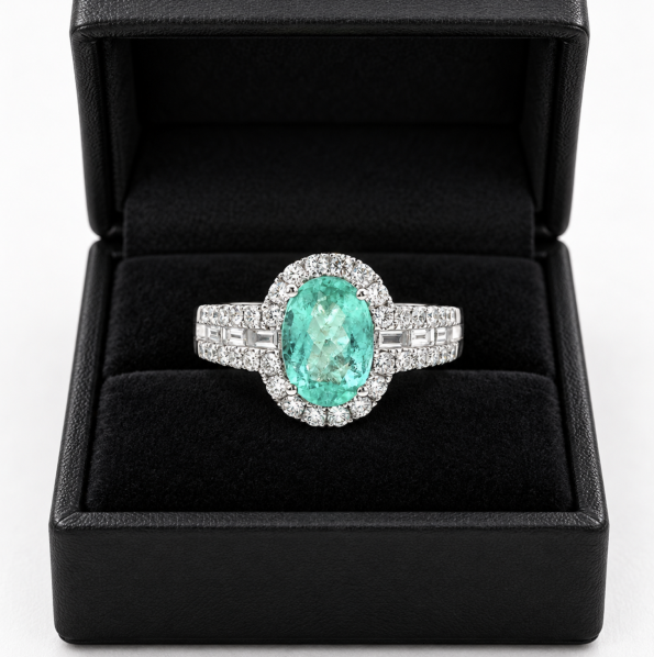 2.29 Carat Oval Paraíba Tourmaline & Diamond Halo Ring in 18K White Gold
