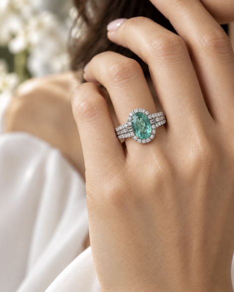 2.29 Carat Oval Paraíba Tourmaline & Diamond Halo Ring in 18K White Gold