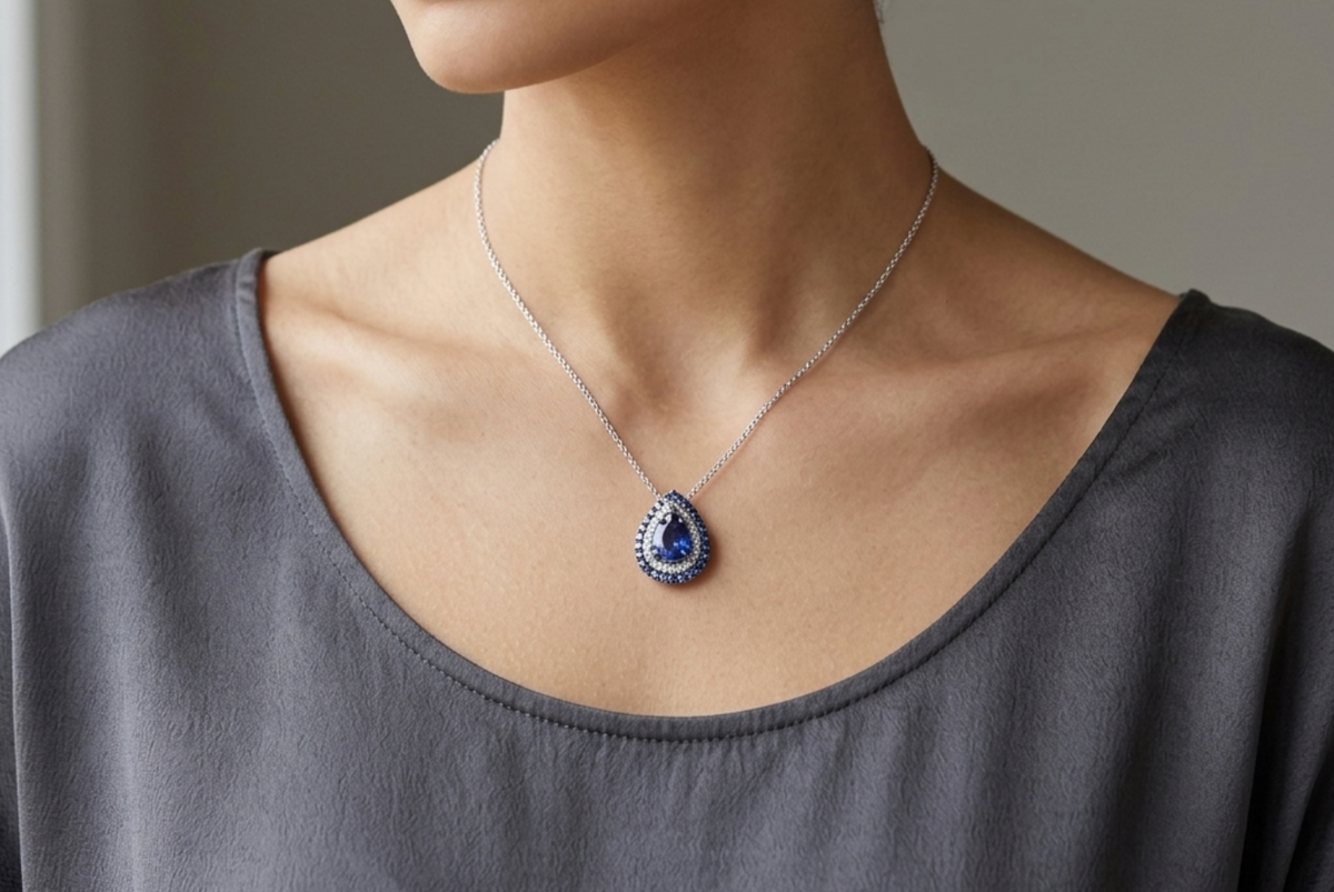 1.38 Ct. Royal Blue Ceylon Sapphire Pear Double Halo Pendant with Diamonds, 18K White Gold