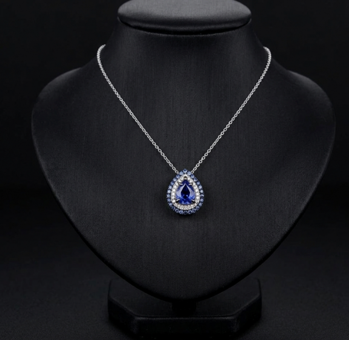 1.38 Ct. Royal Blue Ceylon Sapphire Pear Double Halo Pendant with Diamonds, 18K White Gold