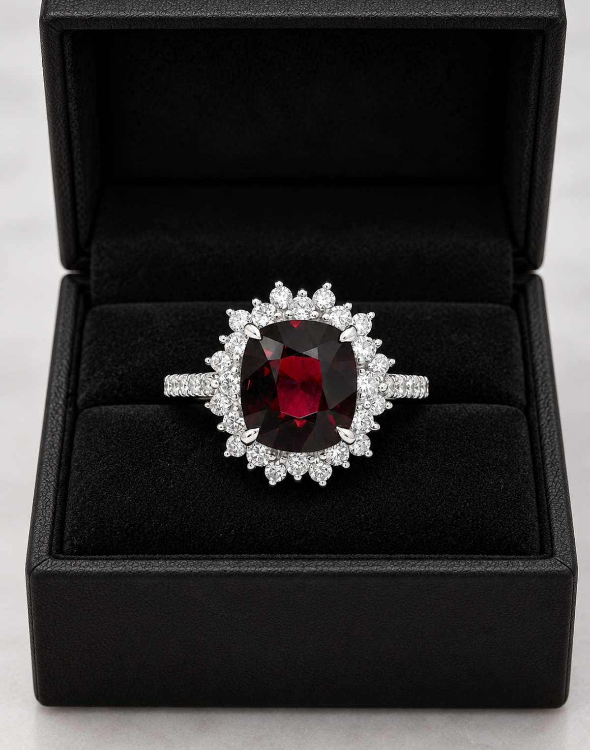 3.29 Carat Unheated Burma Red Spinel and Diamond Halo Ring in Platinum, detail