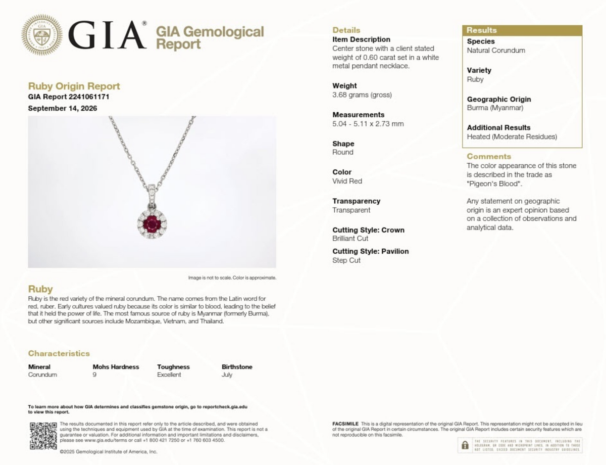 0.60 Carat Burma Pigeon’s Blood Ruby and Diamond Halo Pendant Necklace