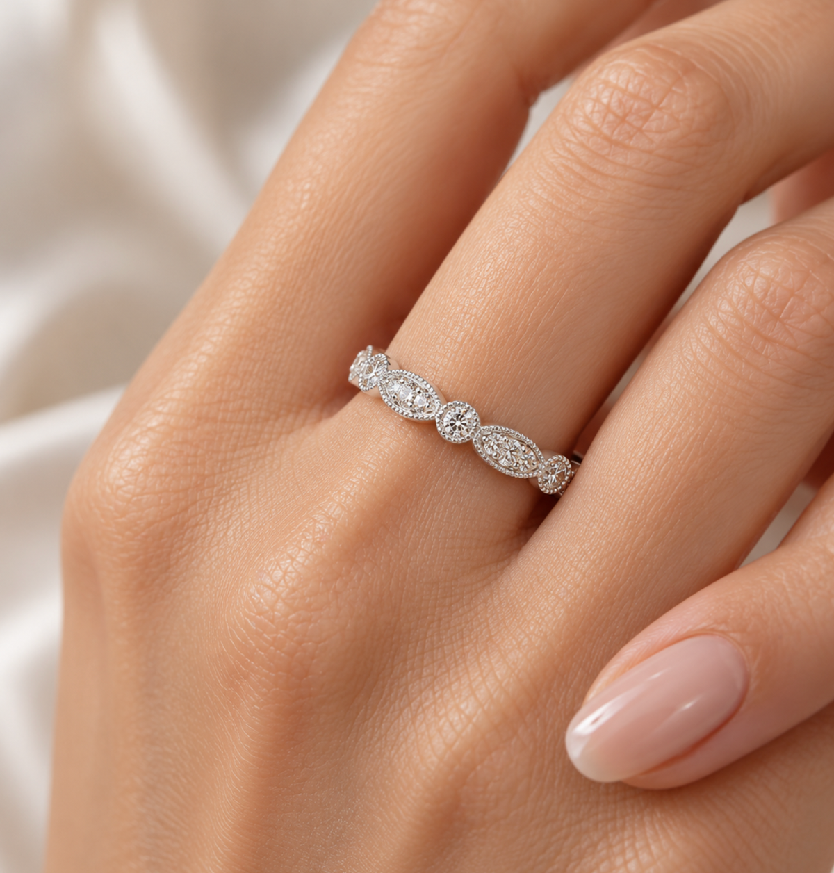 0.32 Carat Total Weight Milgrain Bezel Diamond Eternity Band in Platinum, detail