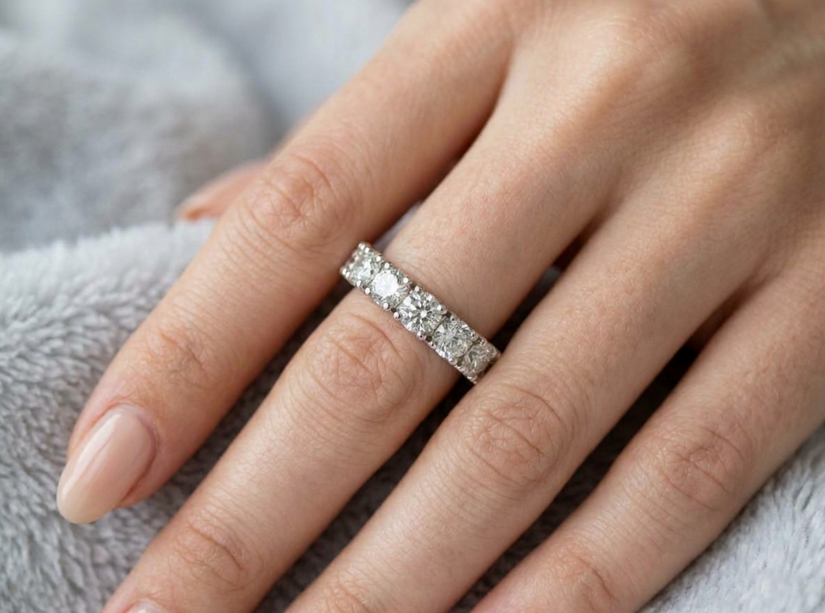 GIA Certified 4.74 Carat Total Weight Round Diamond Eternity Band in Platinum, detail