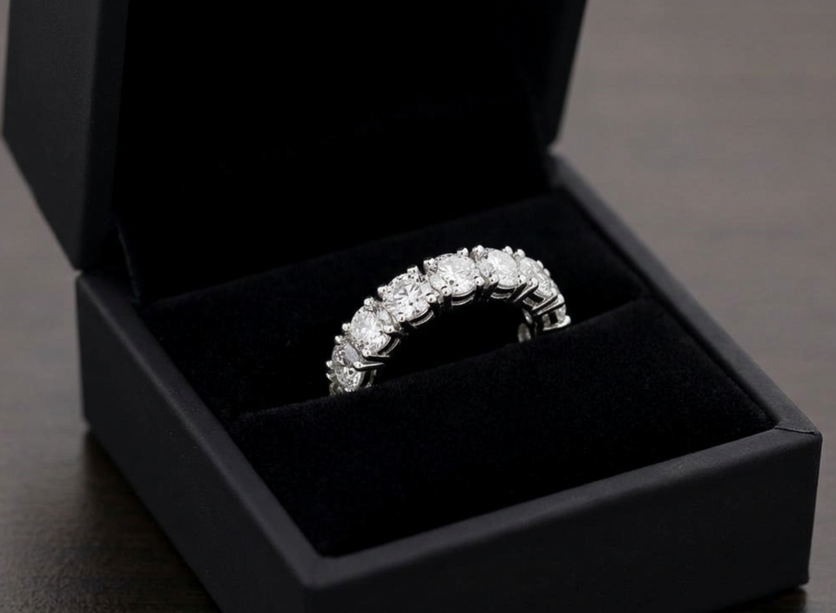 GIA Certified 4.74 Carat Total Weight Round Diamond Eternity Band in Platinum, detail