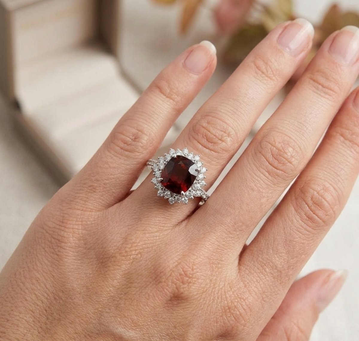 2.37 Carat Unheated Burma Red Spinel and Diamond Cluster Halo Ring in Platinum, detail