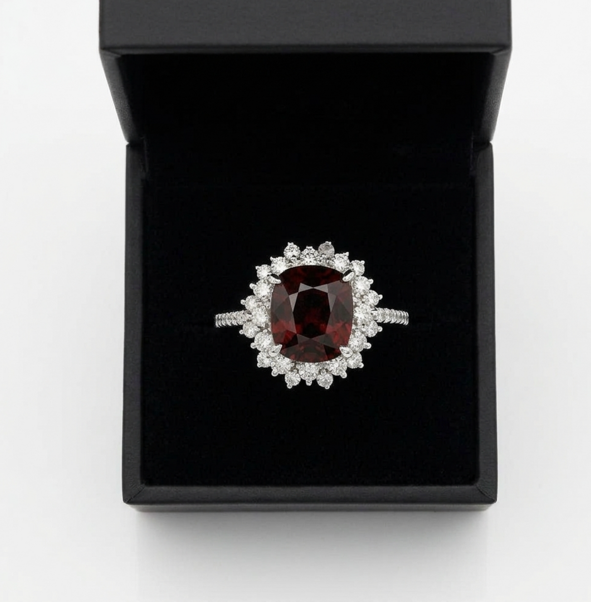2.37 Carat Unheated Burma Red Spinel and Diamond Cluster Halo Ring in Platinum, detail