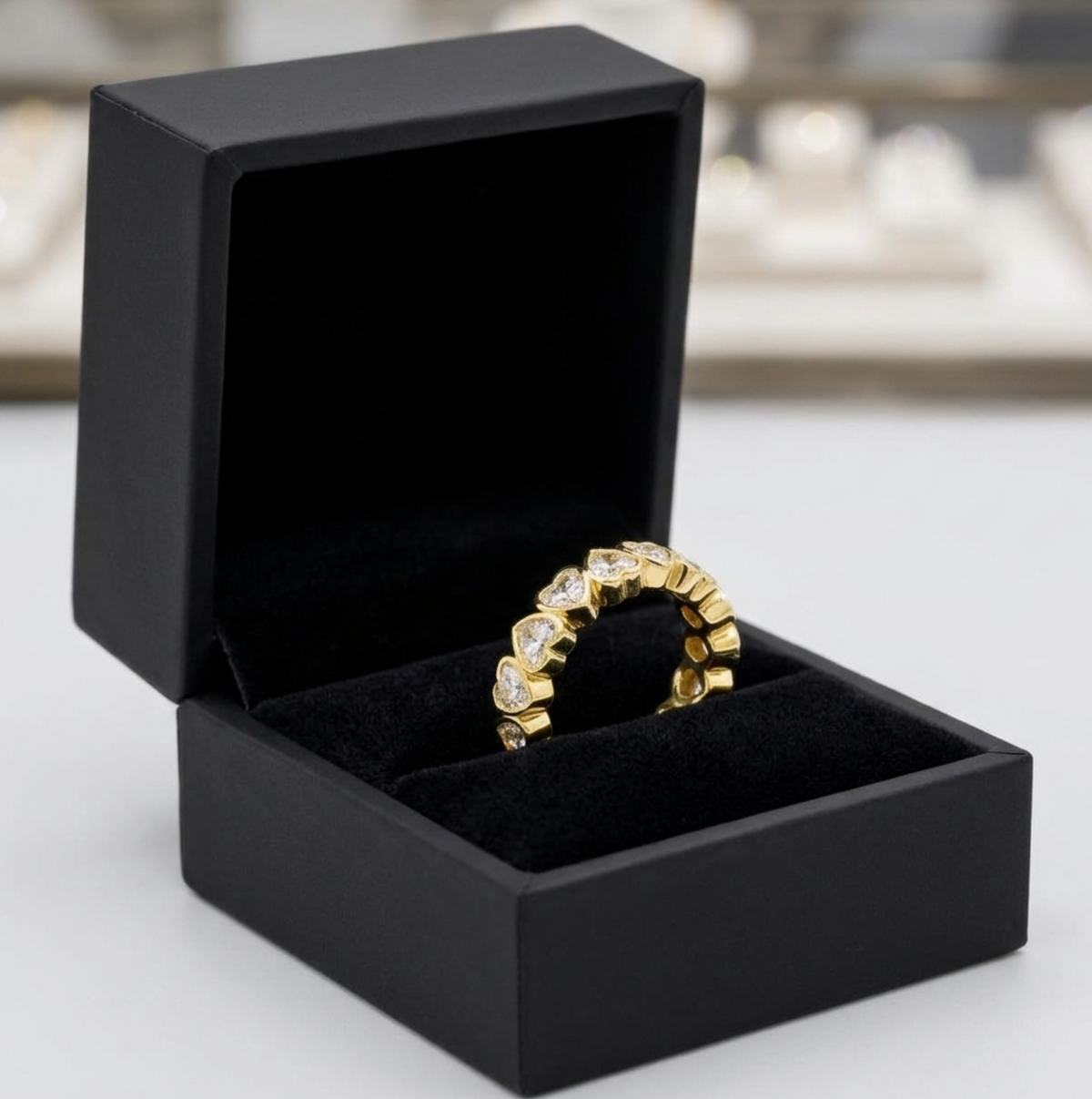 2.35 Carat Total Weight Heart Shape Diamond Bezel Eternity Band in 18K Yellow Gold, detail