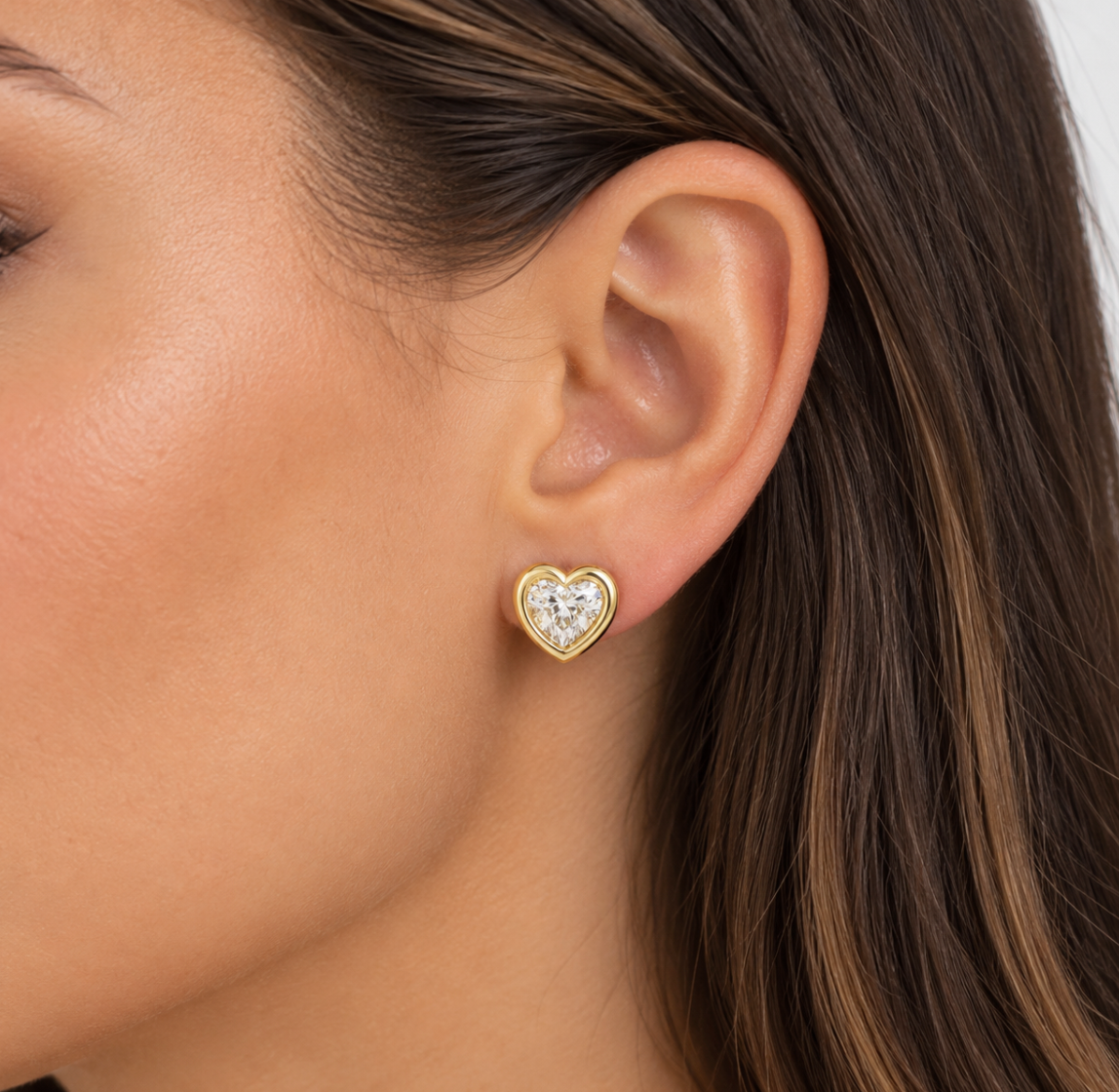 0.35 Carat Total Weight Heart Shape Diamond Bezel Stud Earrings in 14K Yellow Gold, detail