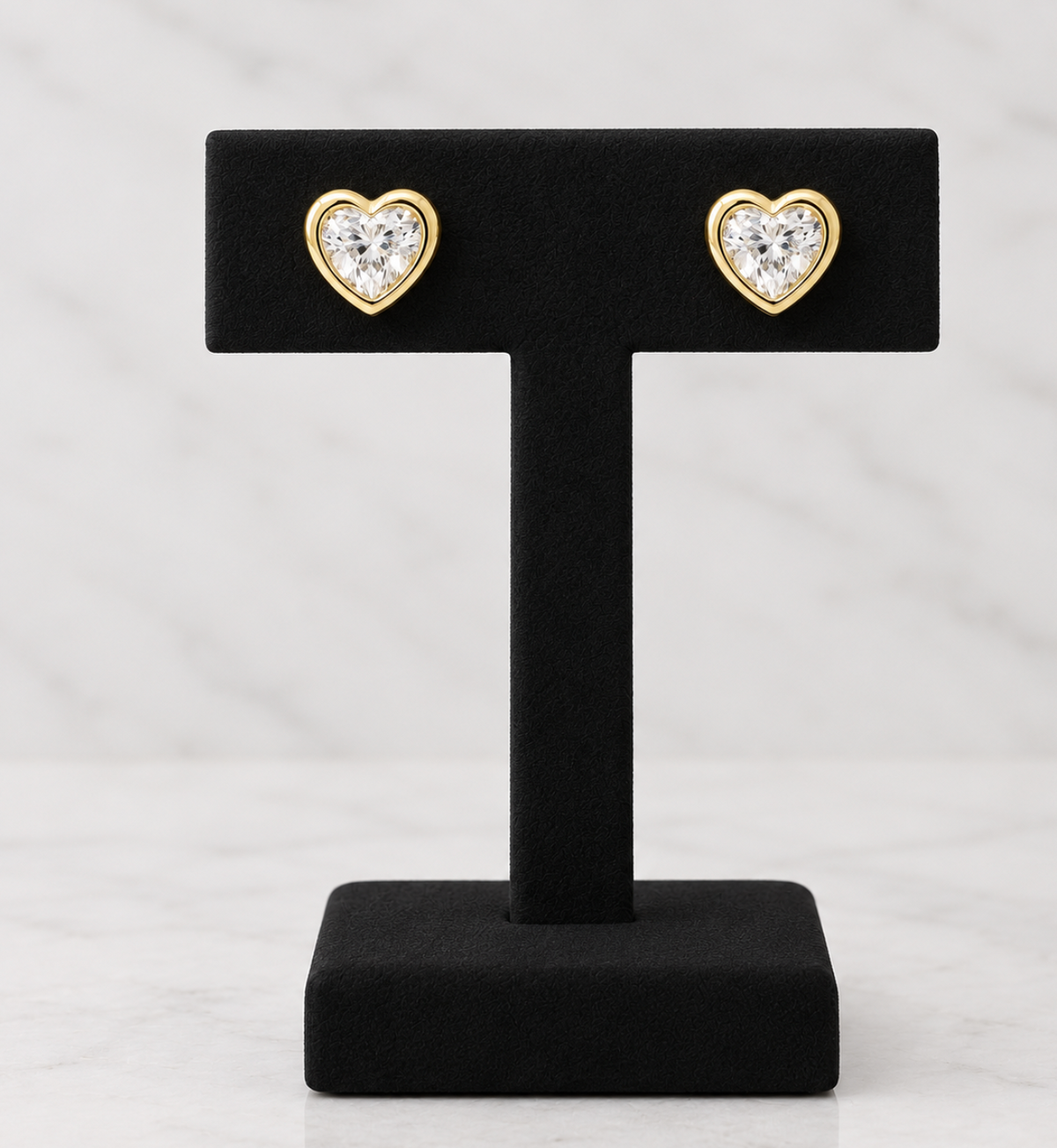 0.35 Carat Total Weight Heart Shape Diamond Bezel Stud Earrings in 14K Yellow Gold, detail