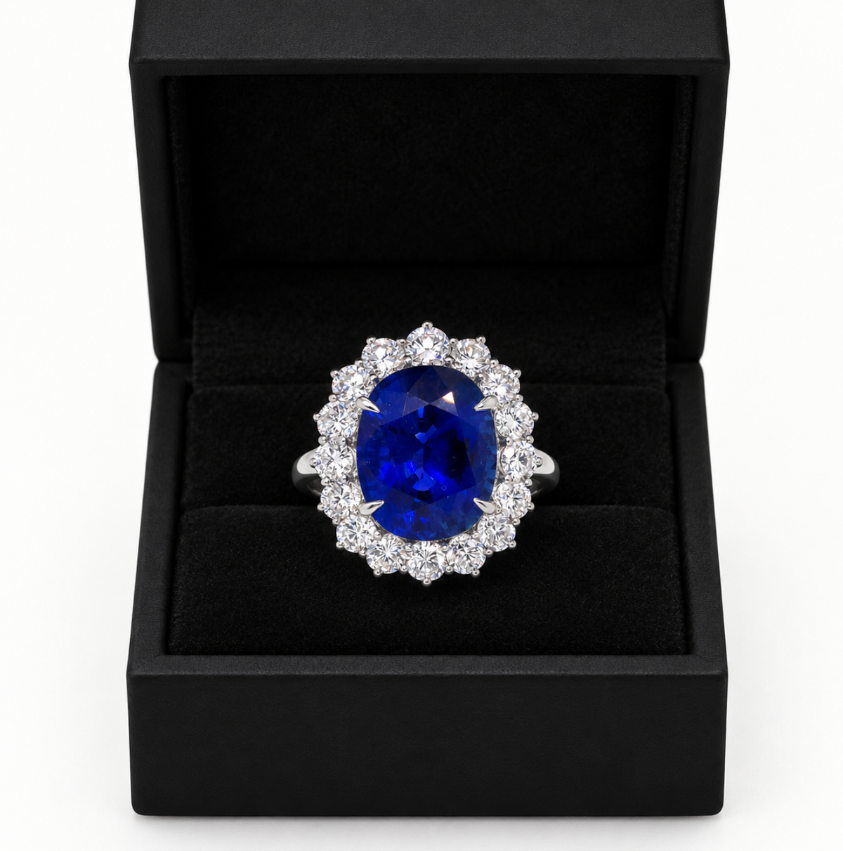 GRS Certified 16.45 Carat Royal Blue Ceylon Sapphire and Diamond Sunburst Halo Ring in 18K White Gold, detail