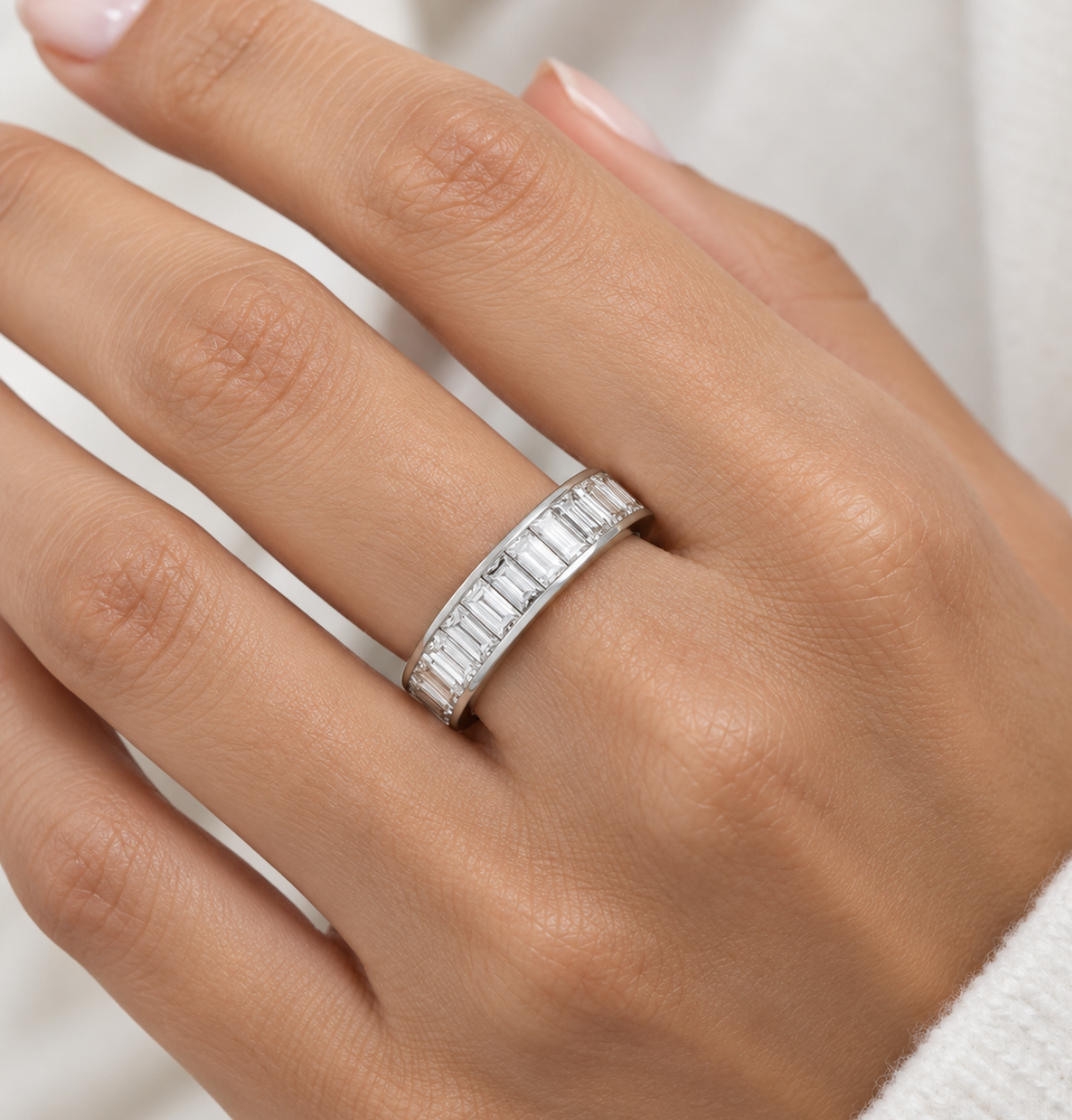 4.06 Carat Total Weight Baguette Diamond Eternity Band in Platinum, detail