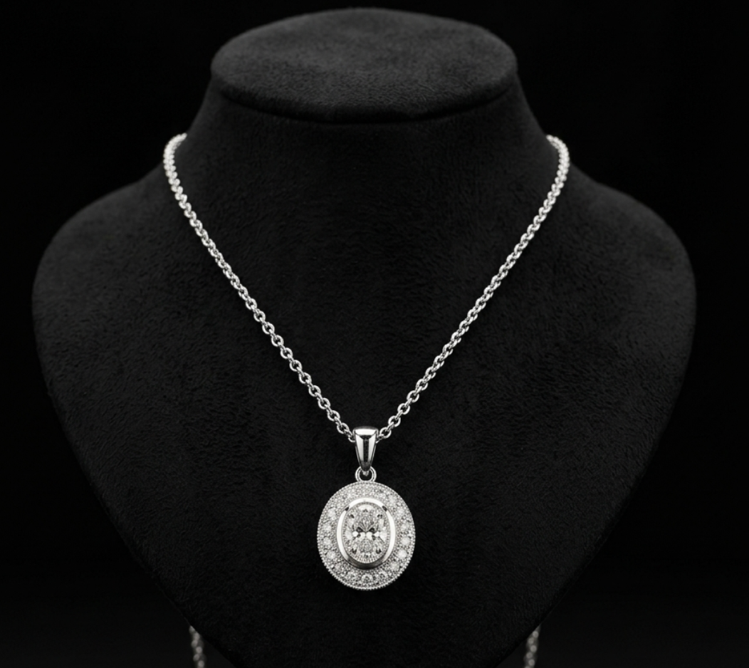 0.96 Carat Total Weight Oval Diamond Halo Pendant Necklace in White Gold