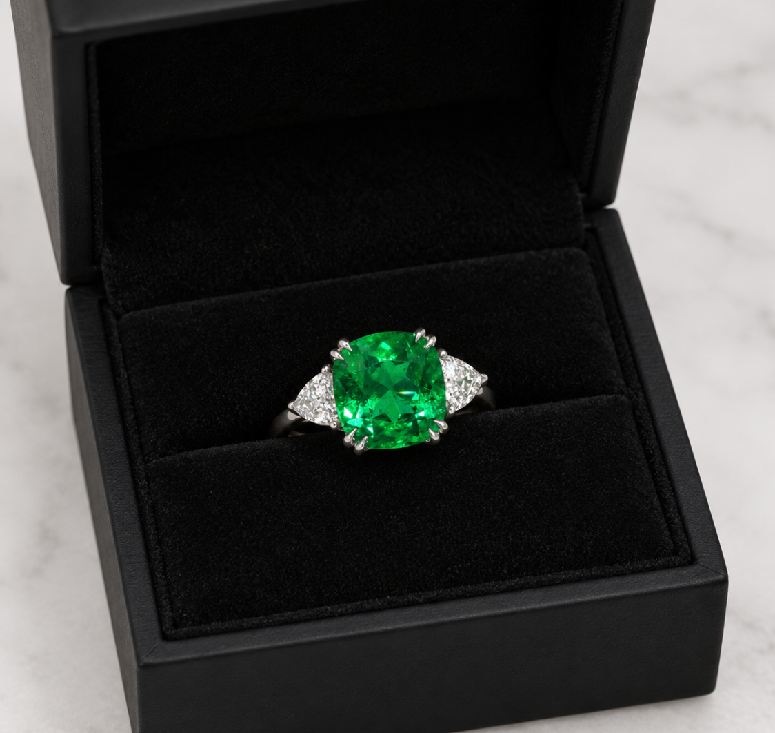 GIA Certified 6.28 Carat Zambian Emerald and Diamond Three-Stone Ring in Platinum