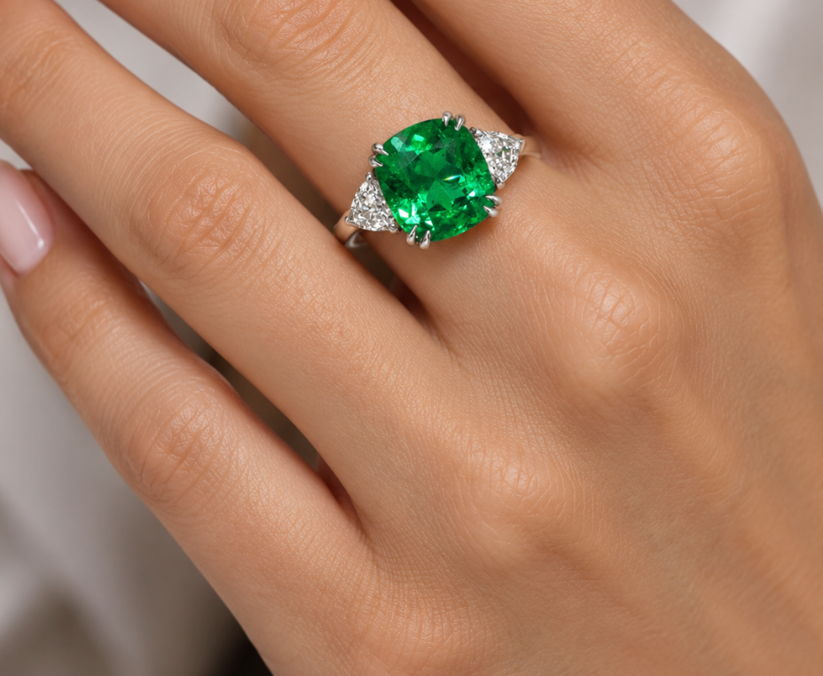 GIA Certified 6.28 Carat Zambian Emerald and Diamond Three-Stone Ring in Platinum