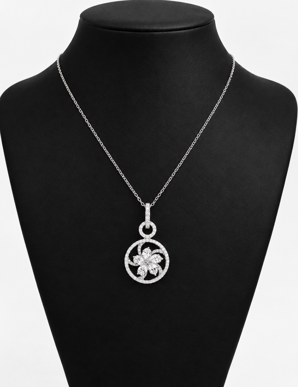 0.97 Carat Total Weight Pear and Round Diamond Cluster Pendant Necklace in White Gold