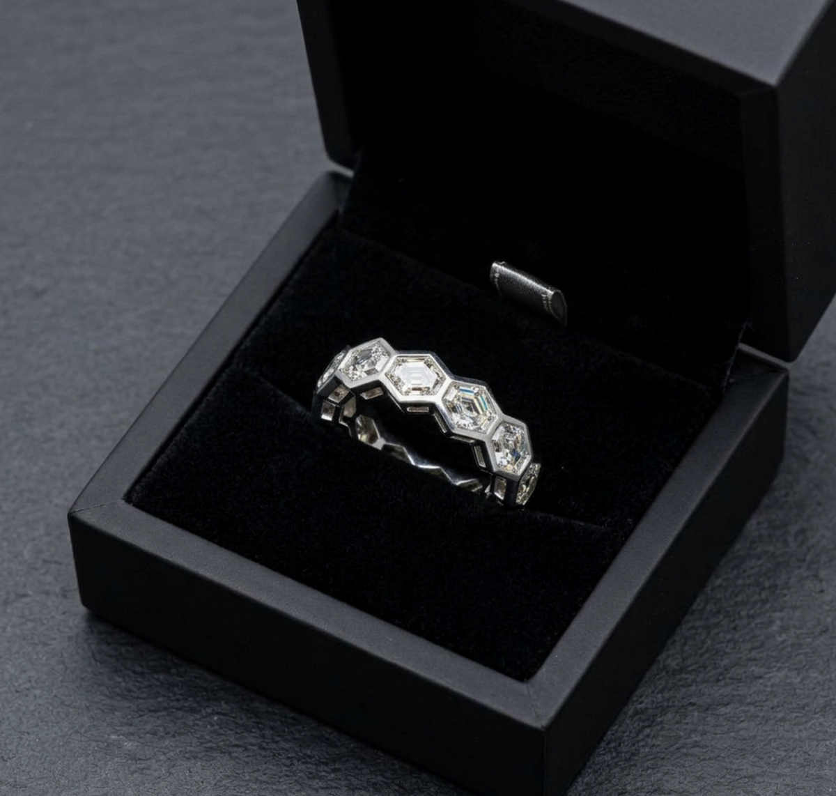 4.54 Carat Total Weight Elongated Hexagon Diamond Eternity Band in 18K White Gold