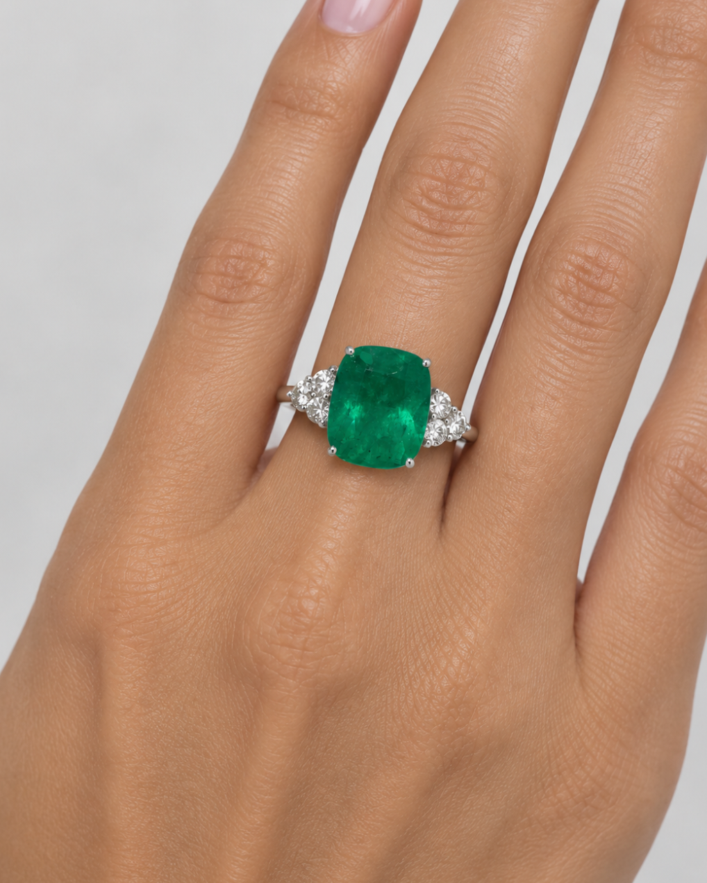 GIA Certified 21.37 Carat Cushion Cut Colombian Emerald and Diamond Ring in 18K White Gold
