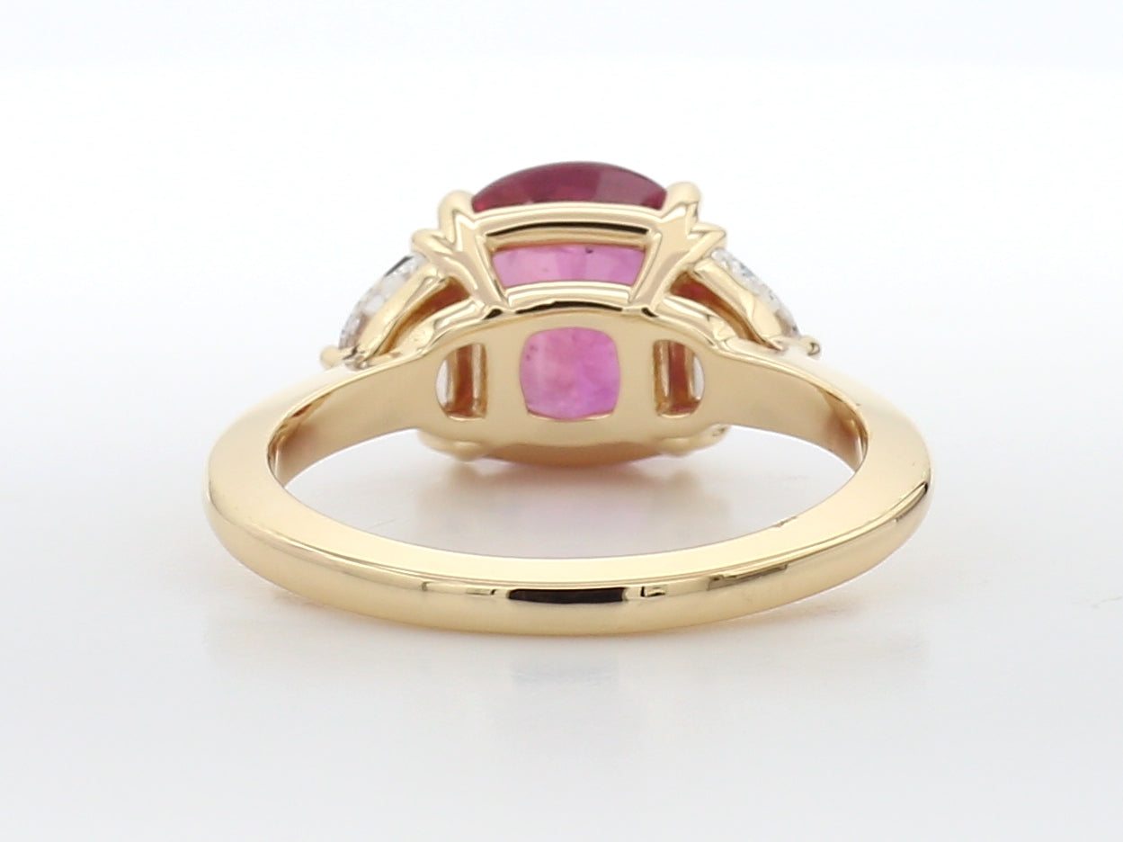 GIA-Certified 3.13ctw Cushion Cut Thailand Ruby and 0.68ctw Half Moon Diamond Three-Stone Ring