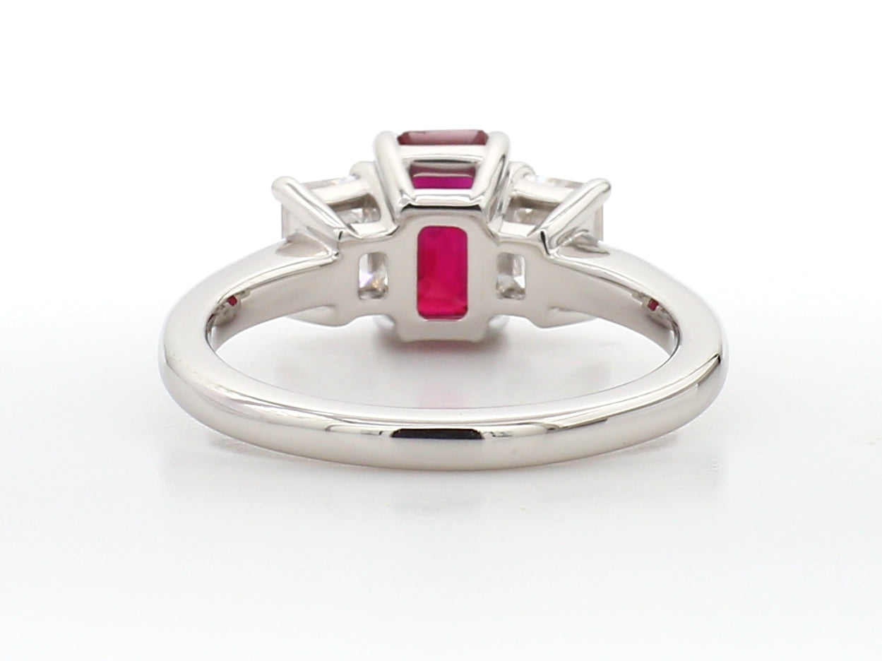 Burma Ruby Emerald Cut Three-Stone Diamond Ring in Platinum (AGL Certified)