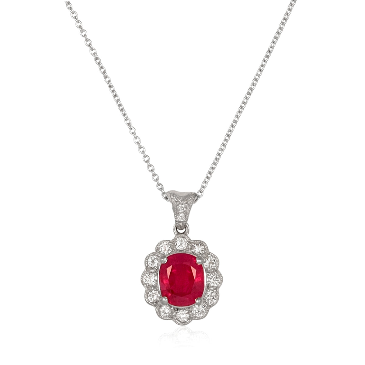 1.83 Carat Burmese Ruby and Diamond Halo Pendant Necklace