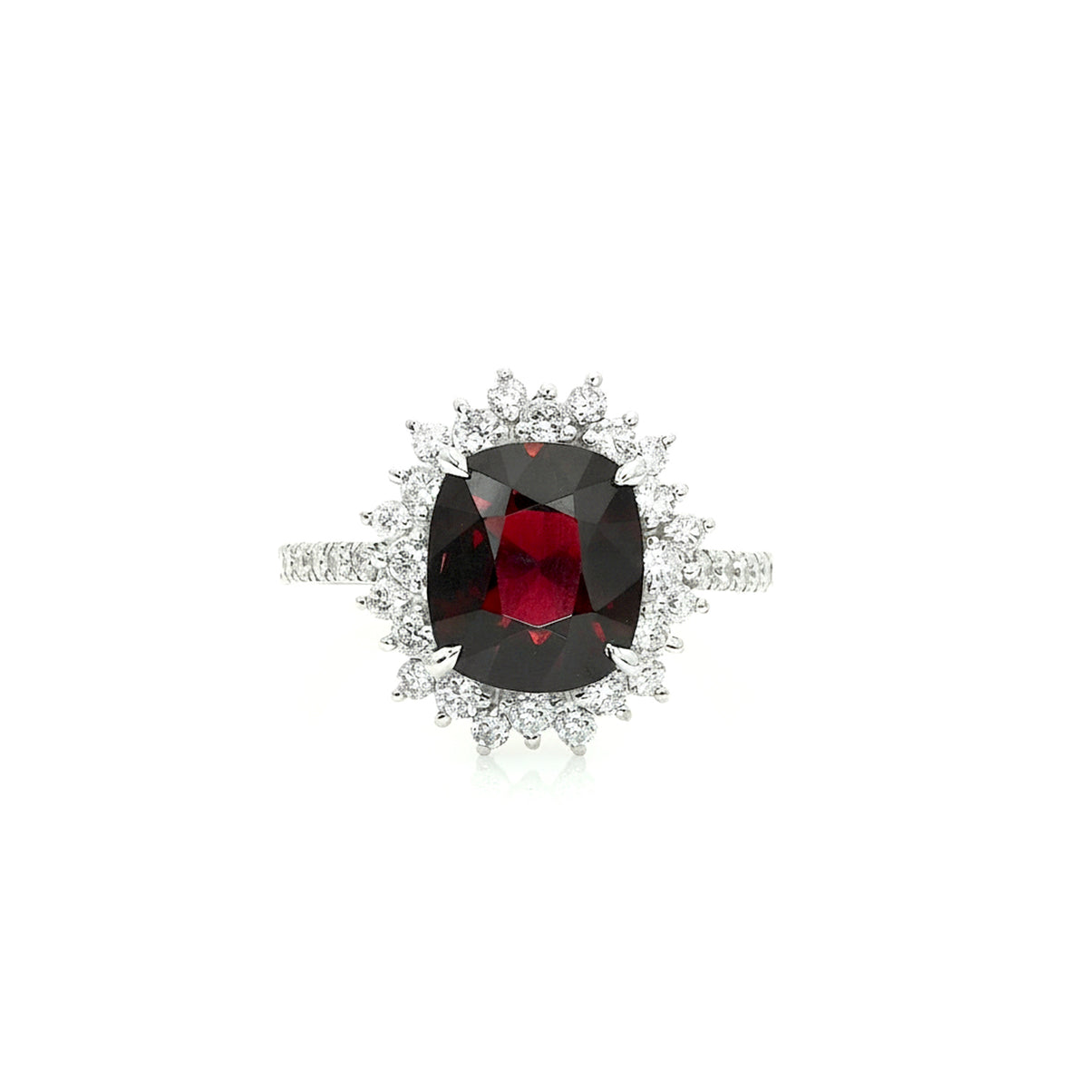 3.29 Carat Unheated Burma Red Spinel and Diamond Halo Ring in Platinum