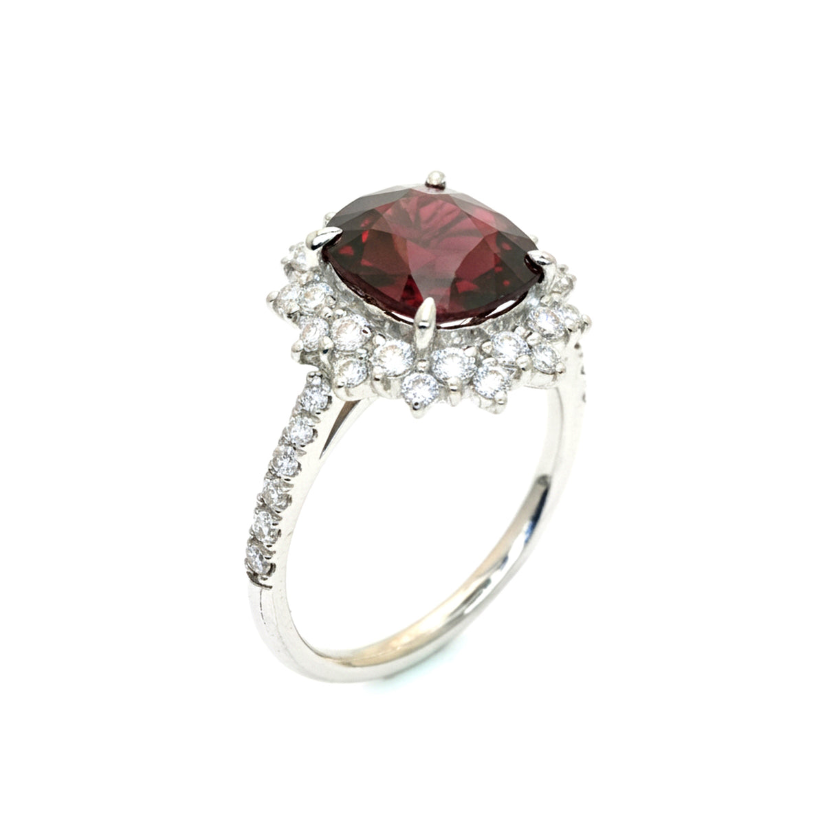 3.29 Carat Unheated Burma Red Spinel and Diamond Halo Ring in Platinum, view 4