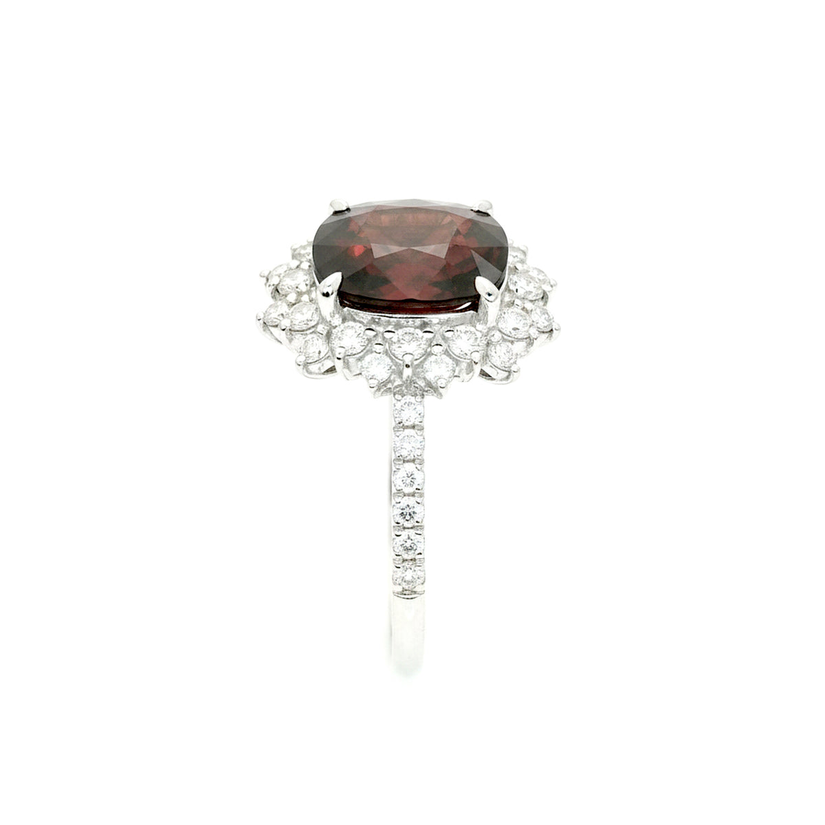 3.29 Carat Unheated Burma Red Spinel and Diamond Halo Ring in Platinum, view 2
